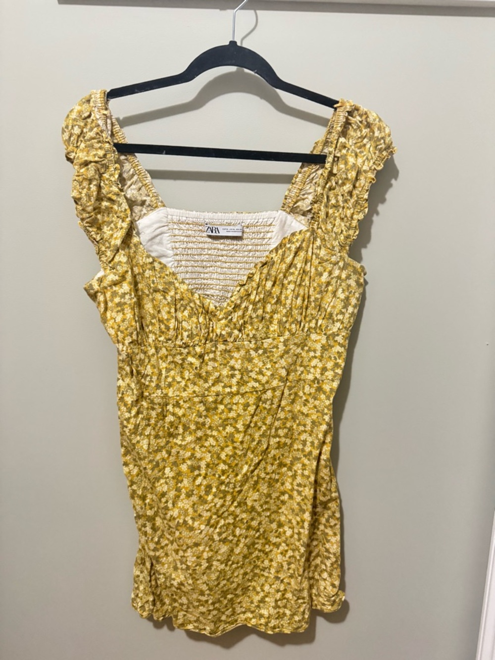 Zara Yellow Floral Ruffled Smocked Mini Dress